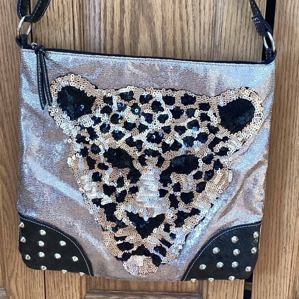 Leopard, cheetah Sequin and studded tote, shoulder Bag - Silver, tan and Black